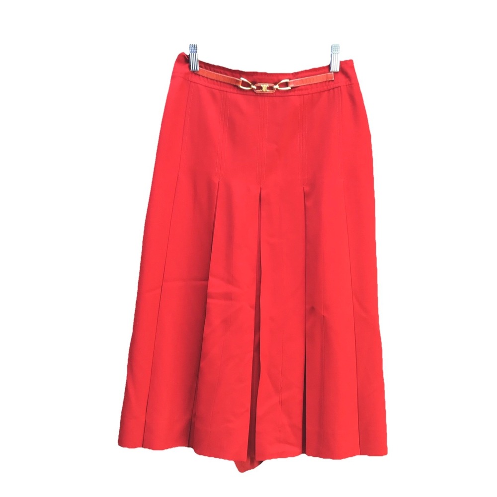 Vintage Celine Paris Red Pleated Wool Midi Skirt Gold Logo Belt 26"